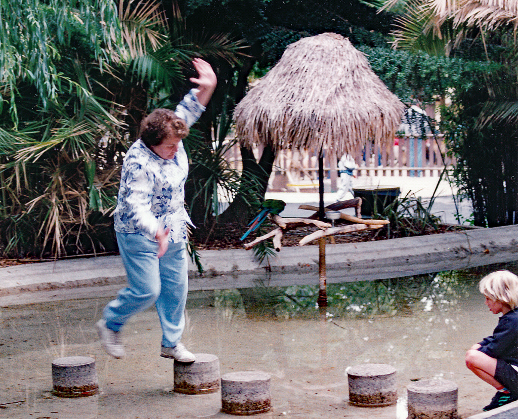 Older woman crossing a pond by balancing on stepping stones.