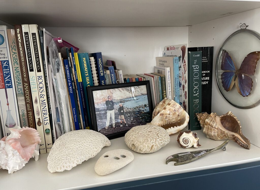 Book shelf with science books, a photo of a man and his son at the beach and various shells and coral.