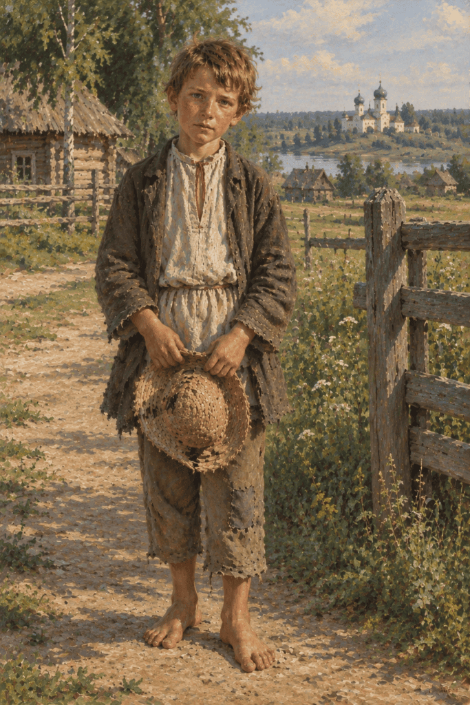 Young peasant boy in rural Imperial Russia asking local landowner for help in getting an education.